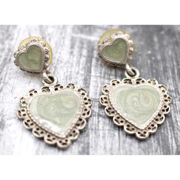 Unknown Unmarked Jewelry - Heart Drop Enamel Earrings Sage Green Swirl and Ornate Framing Vtg Silver Tone